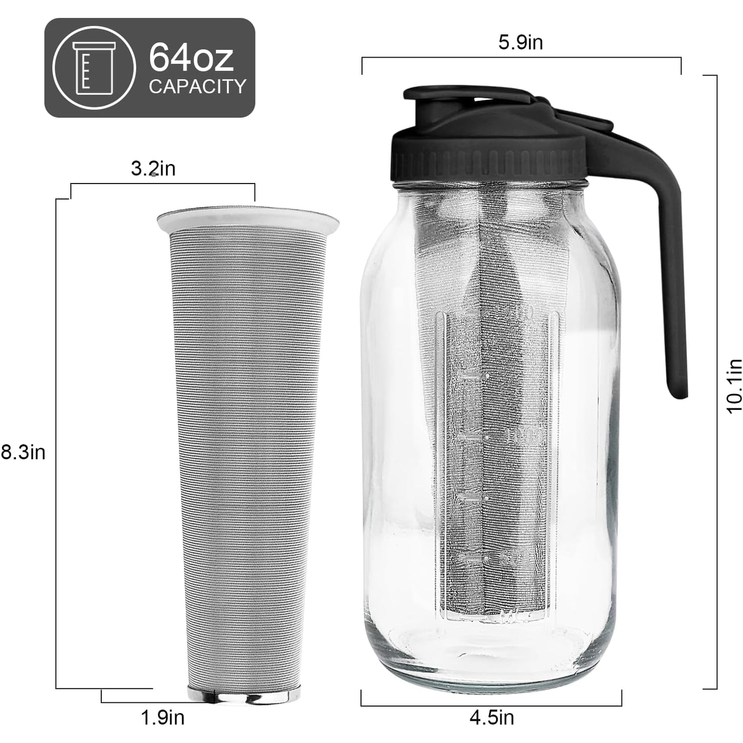 Cold Brew Coffee Maker with Stainless Steel Filter 64oz