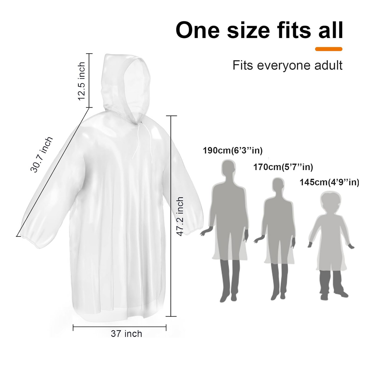 PE Rain Ponchos for Adults Reusable with Drawstring Clear, 6 Units