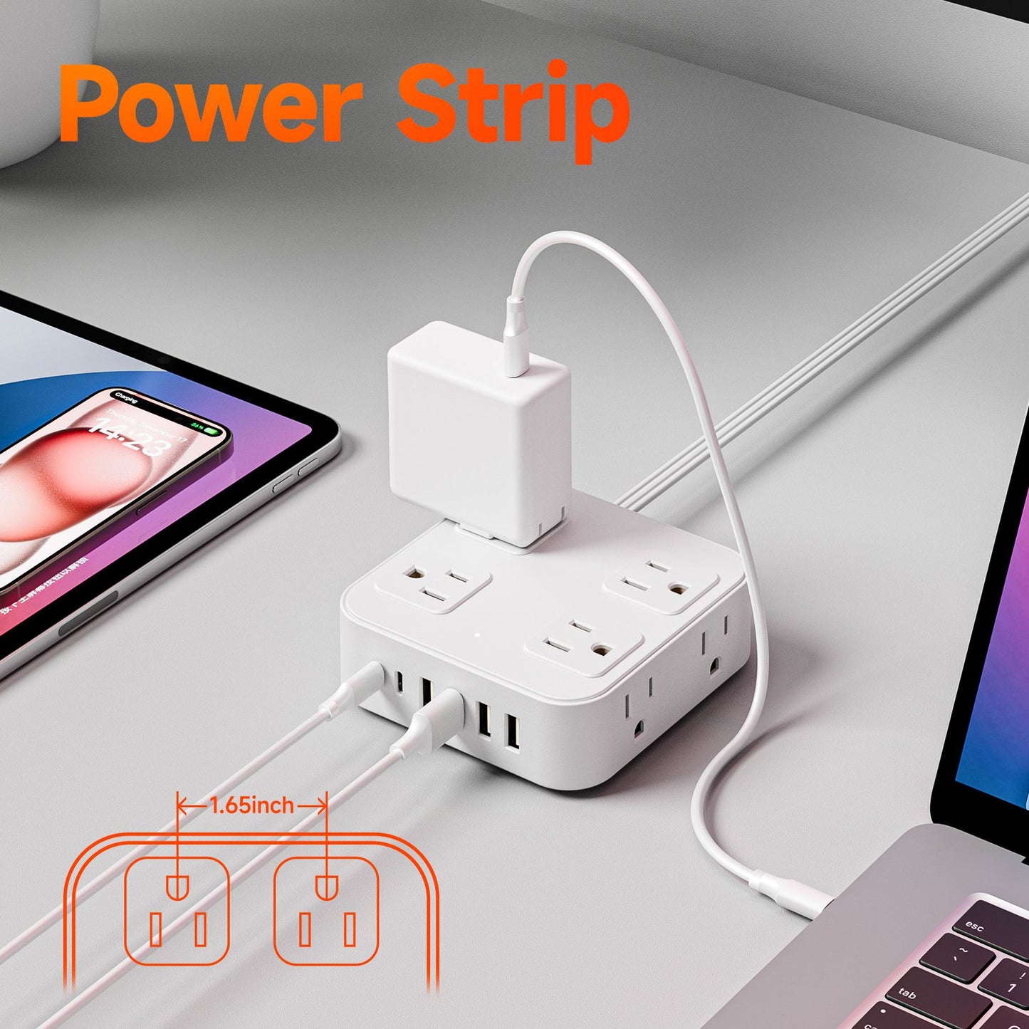 14 in 1, 5ft Power Strip Surge Protector with 8 AC Outlets 6 USB Ports, White