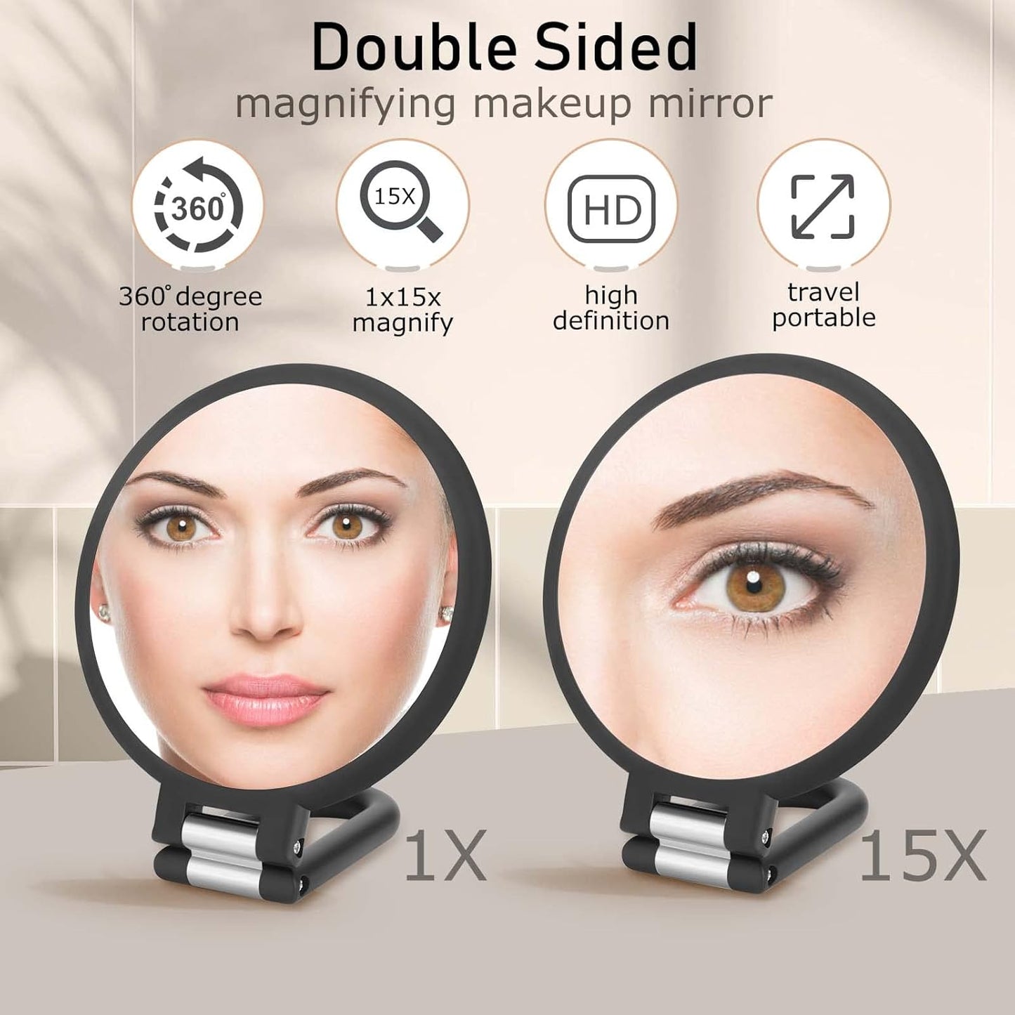 1x/15x Magnifying Handheld Mirror Double Sided