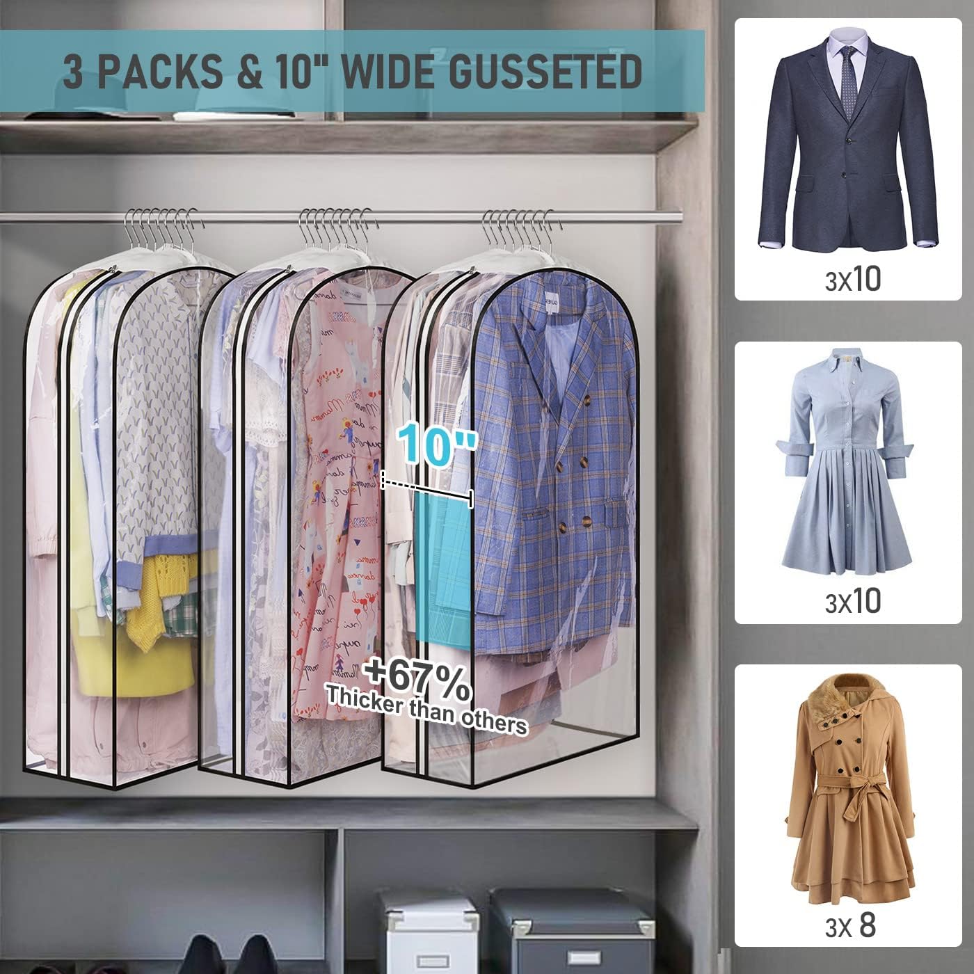 Clear Garment Bags for Hanging Clothes 3 Units 60x102x25.5cm