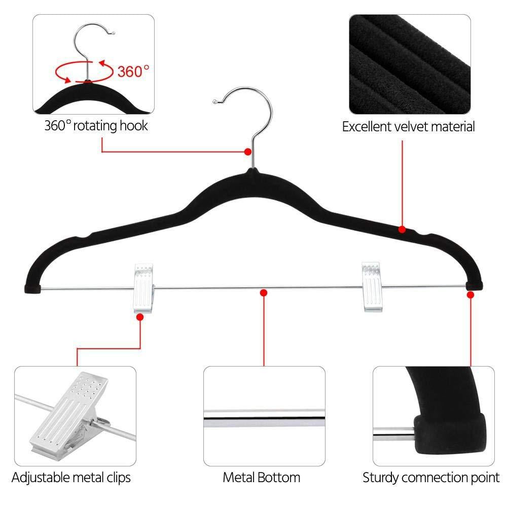 Velvet Closet Clothes Hangers with Adjustable Clips 10 Units 16 Inch, Black