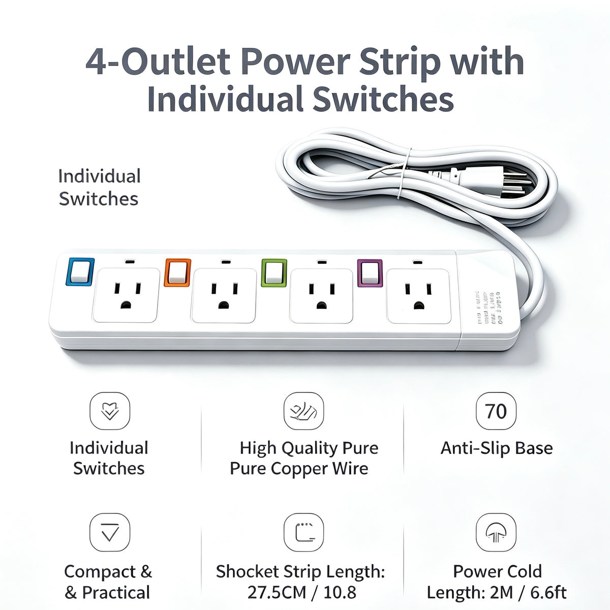 4-Outlet Power Strip with Independent Switches, 2M (6.6FT) Pure Copper Extension Cord