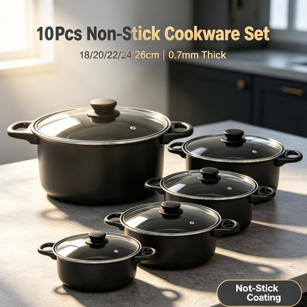 10Pcs Non-Stick Cookware Set, 5 Sizes Cooking Pots with Glass Lids, 18-26cm, 0.7mm Thick