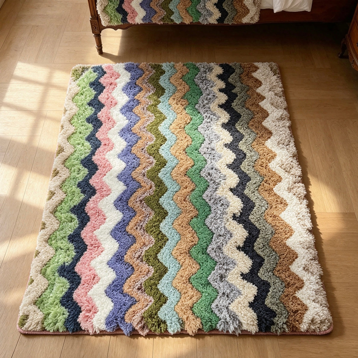 Soft Shaggy Zig‑Zag Plush Rug, 50 × 80 cm (19.69 in × 31.50 in) Colourful Striped Floor Mat (80% Polyester + 20% TPR)