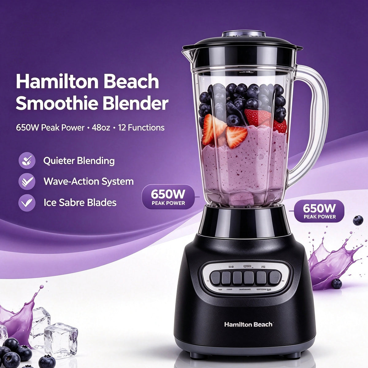 Hamilton Beach Smoothie Blender, 650W 48oz 12-Function Blender R50180