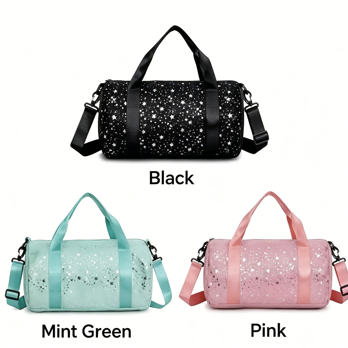 Glitter Star Print Barrel Duffle Bag, Sparkly Gym Sports Handbag with Detachable Adjustable Shoulder Strap