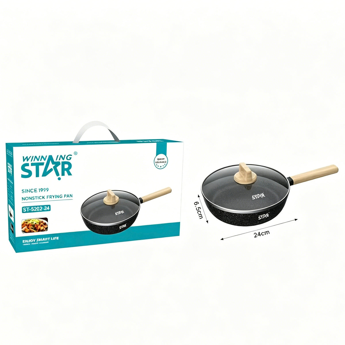 Winning Star Nonstick Frying Pan with Glass Lid & Wooden Handle, 24cm
