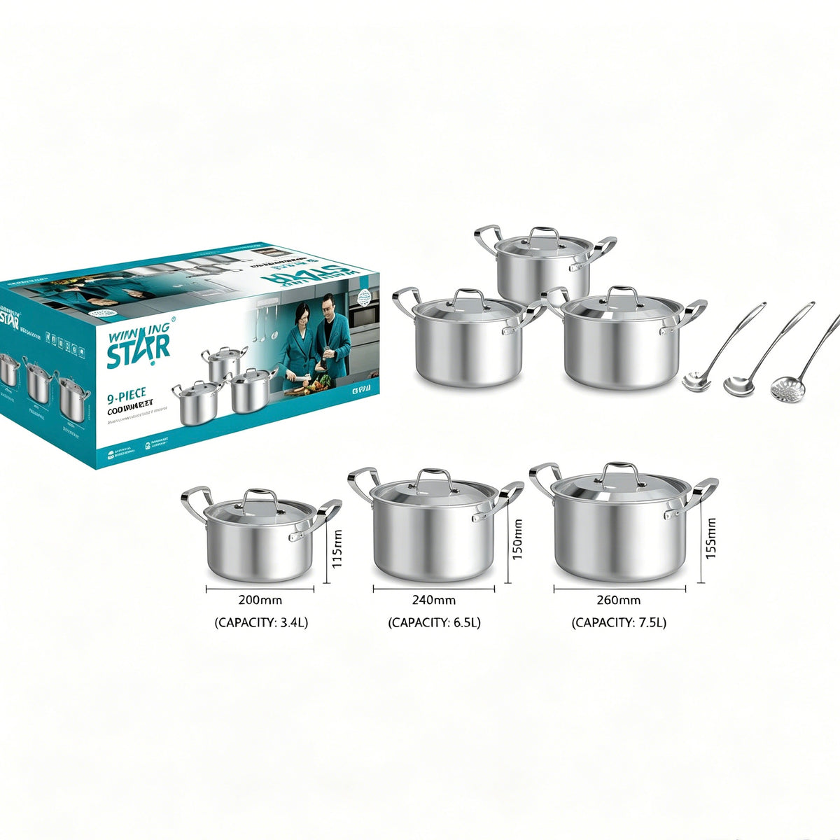Winning Star 9-Piece All Stainless Steel Cookware Set with Stainless Steel Lids & Cooking Spoons, 3.4L / 6.5L /7.5L Stock Pots