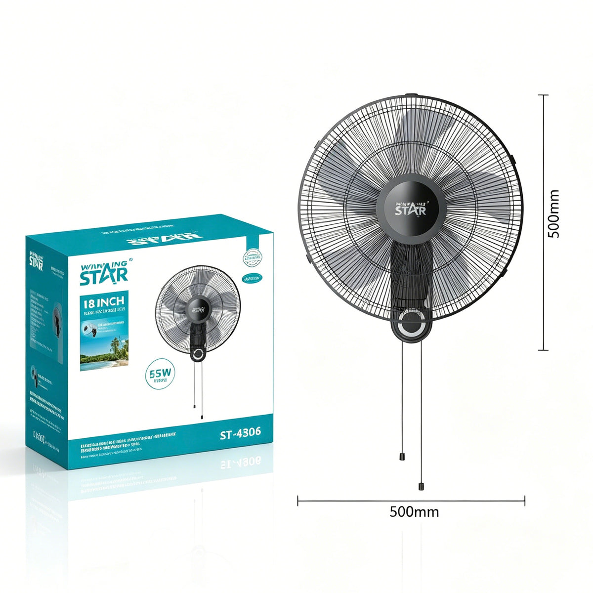 Winning Star 18 Inch Wall Mounted Fan, 110V 55W Oscillating Wall Fan