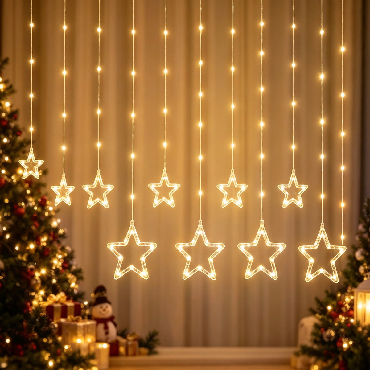 3M Warm White Star Curtain LED String Lights, Christmas Hanging Window Decor Lights