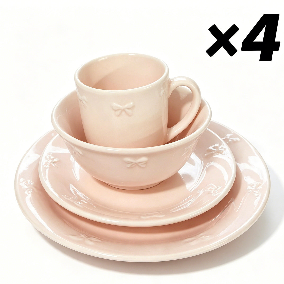16 Pcs Stoneware Dinnerware Set, Light Pink Embossed Bow Pattern, 4 Complete Place Settings, Plates Bowls Mugs for Home Kitchen