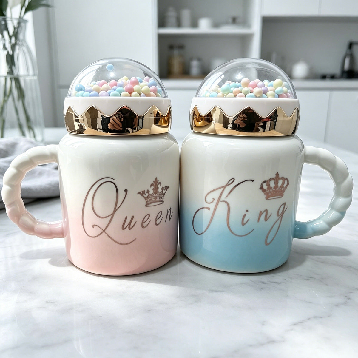2Pcs King Queen Gradient Ceramic Couple Mugs, Luxury Crown Dome Lid, Romantic Gift for Anniversary Wedding