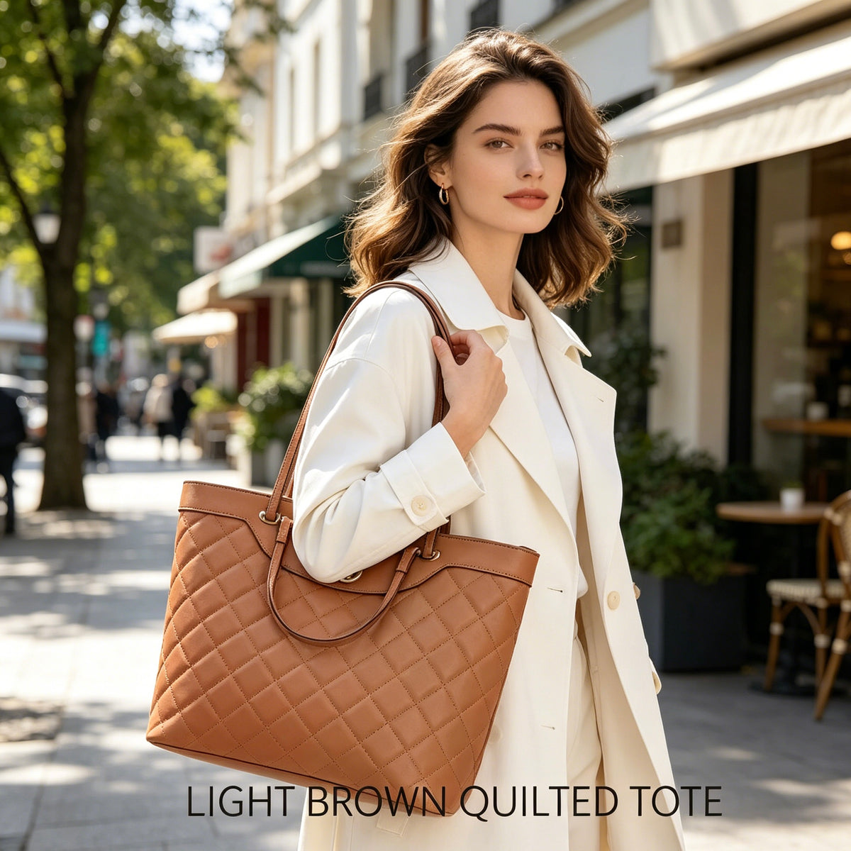 Quilted Faux Leather Women's Tote Bag, Large Capacity Shoulder Handbag, Size 34×30×13CM, Metal Logo Decor Commuter Bag