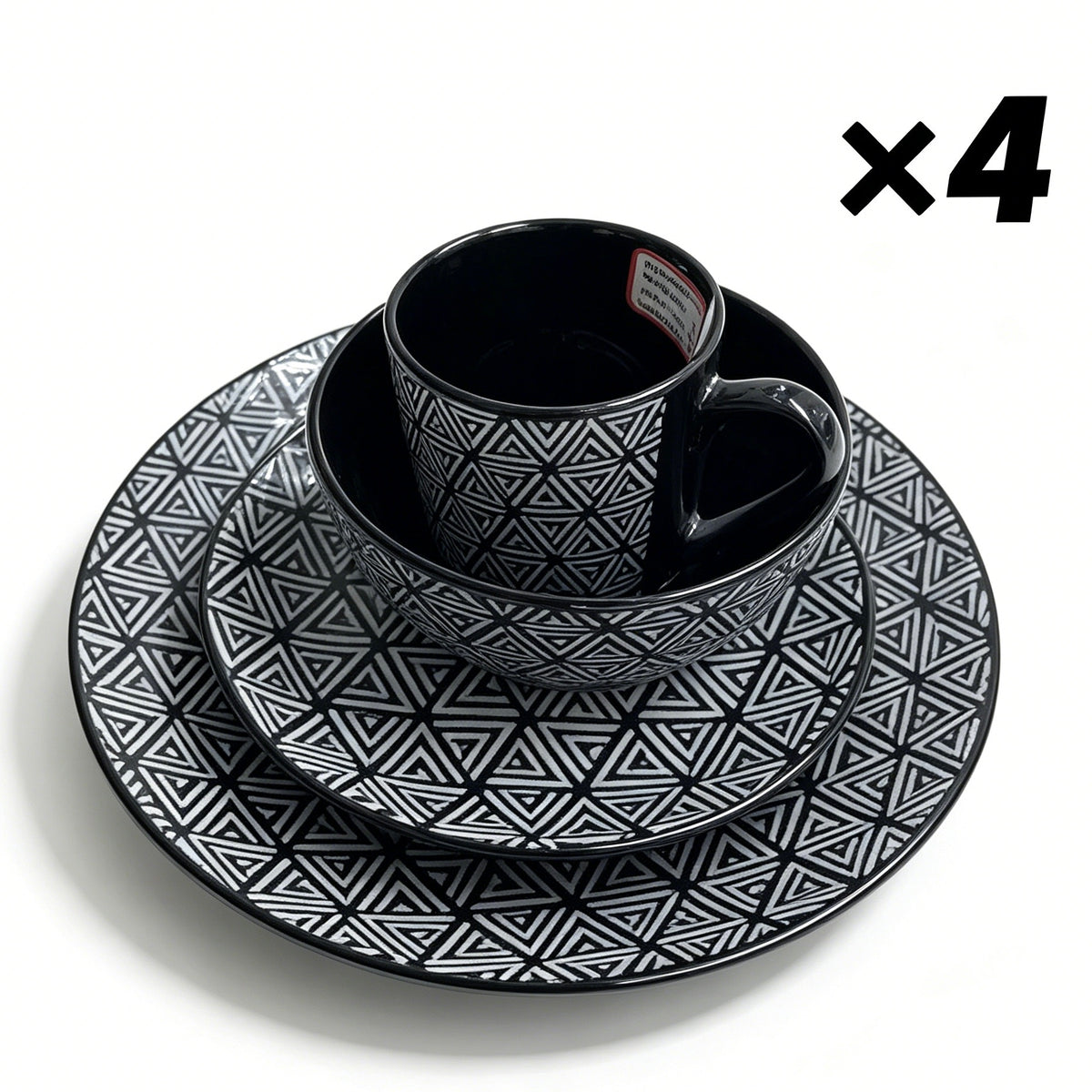 16 Pcs Ceramic Dinnerware Set, Black with White Geometric Triangle Pattern, 4 Complete Place Settings, Plates Bowls Mugs for Home Kitchen