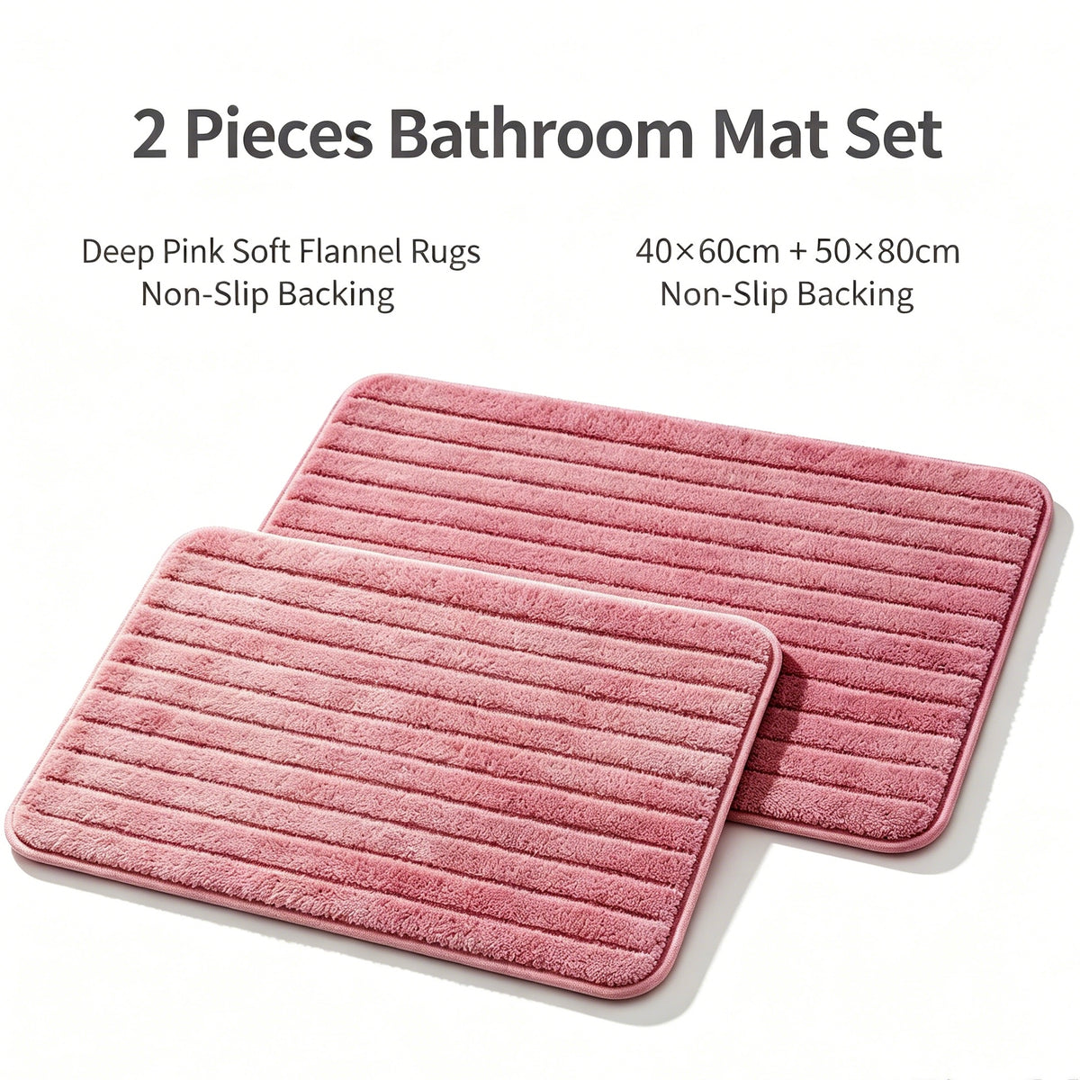 Pink Striped Flannel Bathroom Mat 2 Pieces Set, Absorbent Non Slip Bath Rugs, 40×60cm & 50×80cm