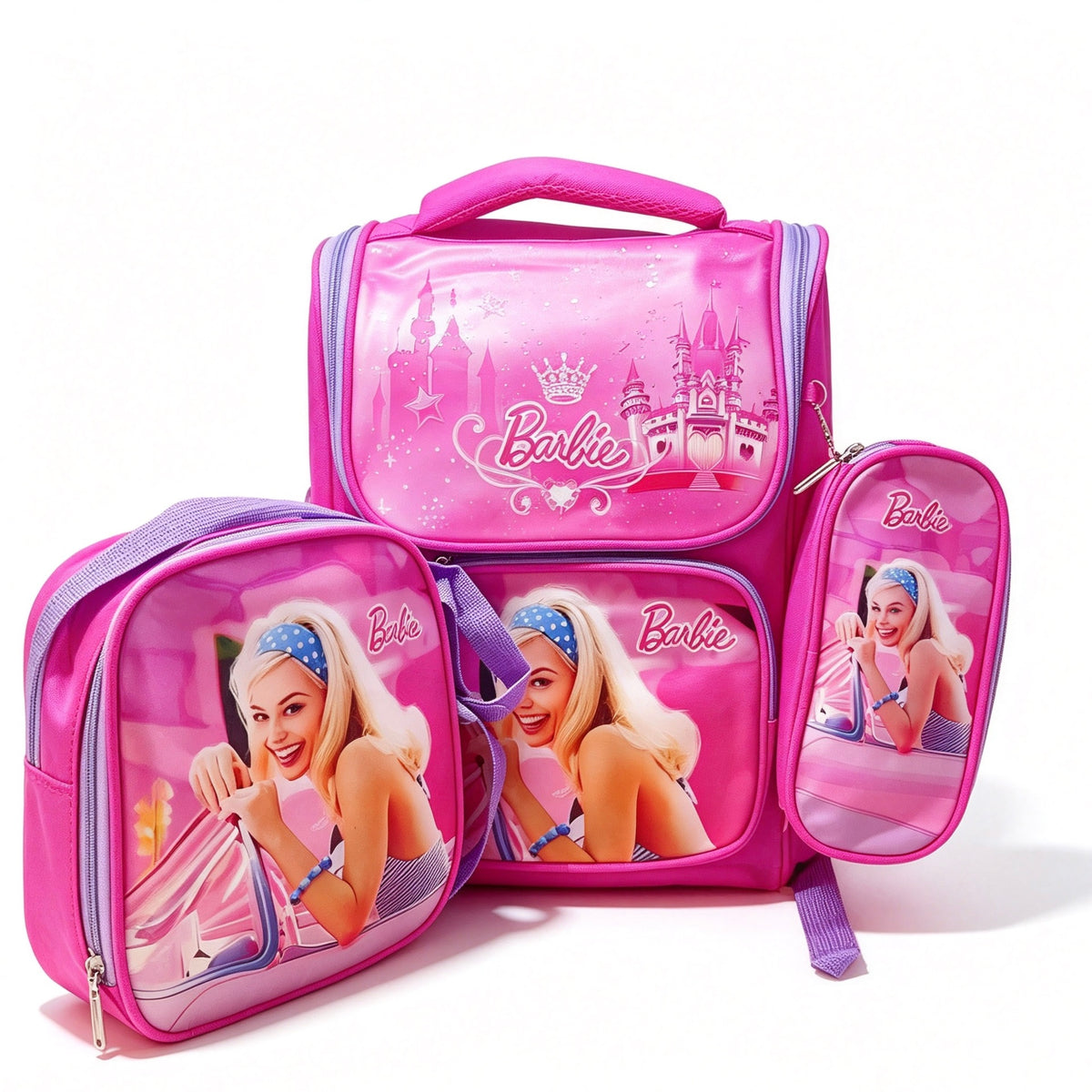Barbie 3PCS School Backpack Set for Girls, Includes School Bag, Lunch Bag & Pencil Case, Pink Princess School Kit