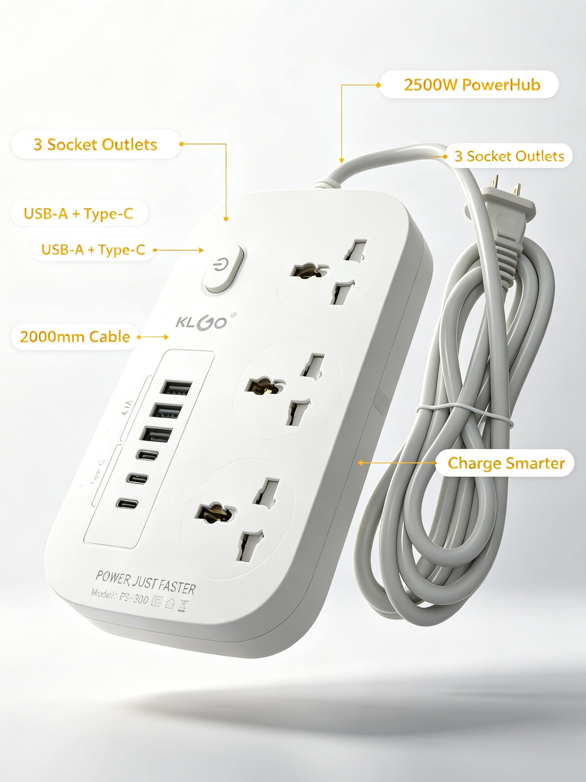 KLGO PS-300 2500W PowerHub, 3-Outlet Power Strip with USB-A & Type-C Ports, 2000mm Extended Cable, Surge Protection, Compact Charging Station for Home, Office and Travel