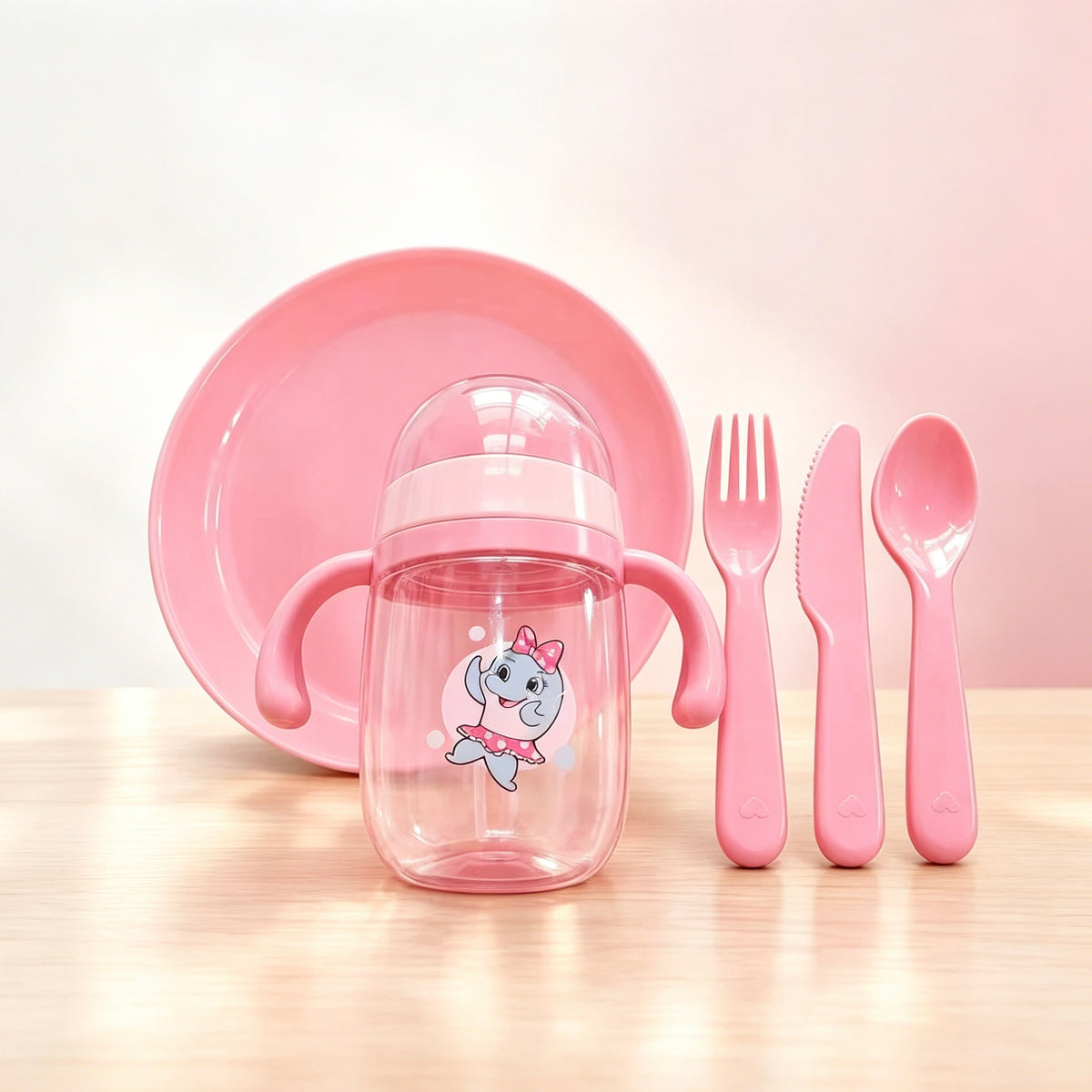 5-Piece Cute Baby Feeding Set, BPA Free High Aesthetic Kids Tableware Kit with Water Bottle, Plate, Spoon, Fork & Knife