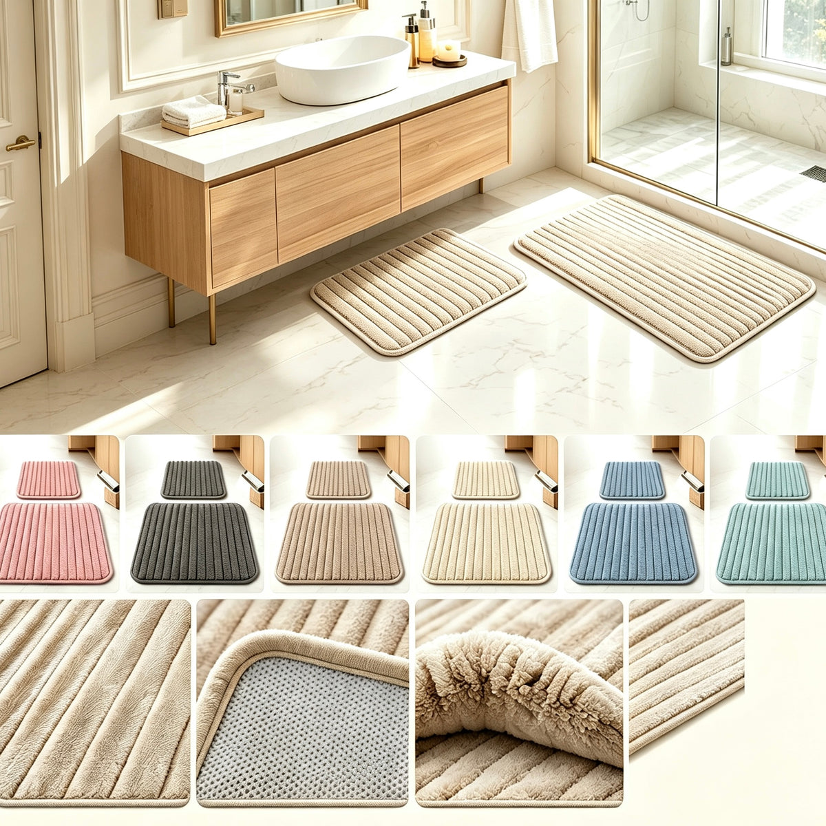 Luxury Ultra‑Soft Flannel Striped Bathroom Mat 2‑Pieces Set