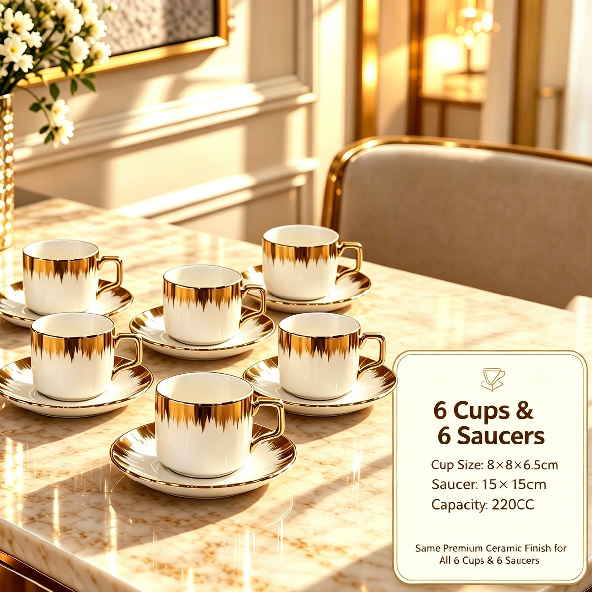 White Gold Gradient Ceramic Coffee Cup and Saucer Set, 6 Cups & 6 Saucers, 220CC Luxury Tea Mug Set