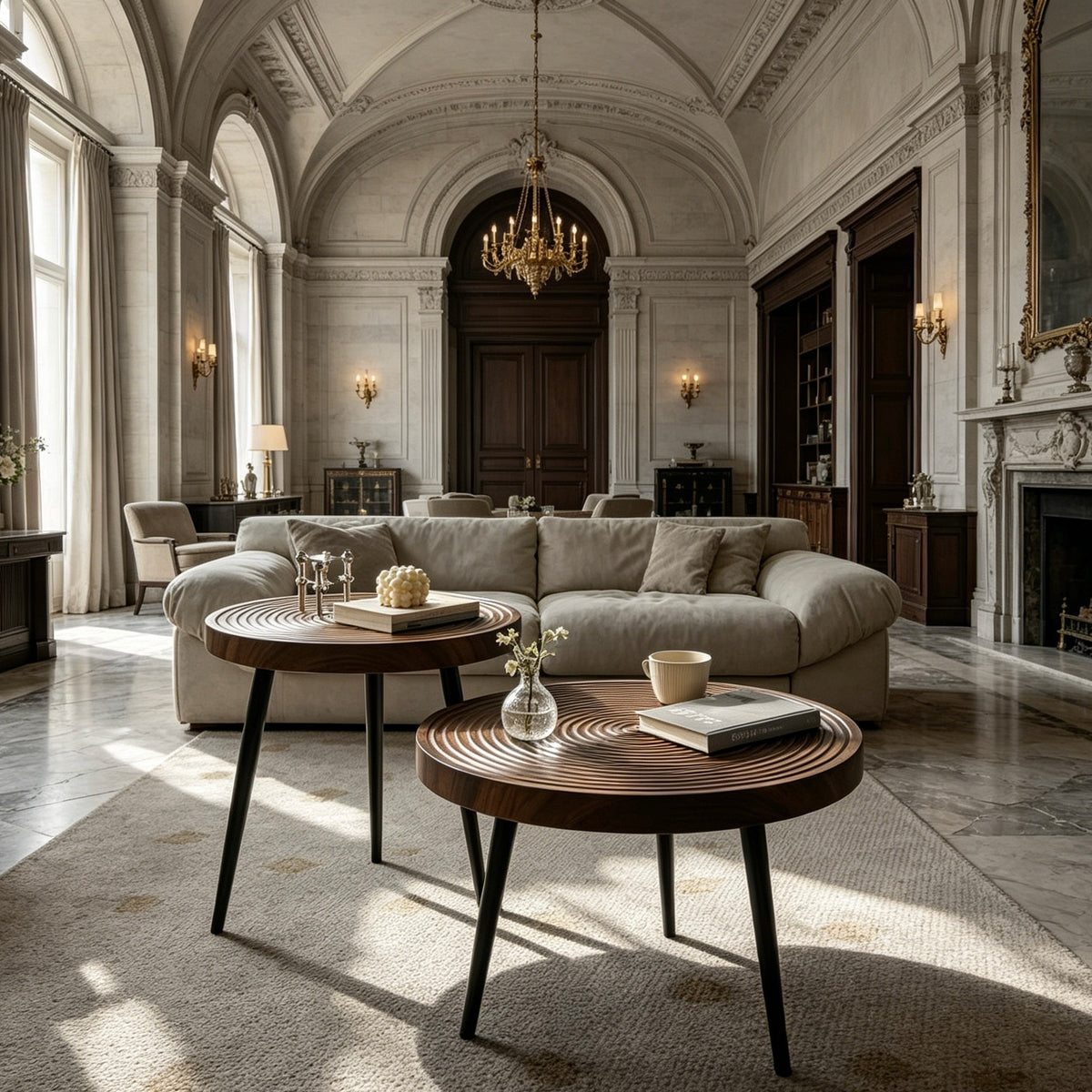 Nesting Round Coffee Table Set of 2, Concentric Ripple Tabletop