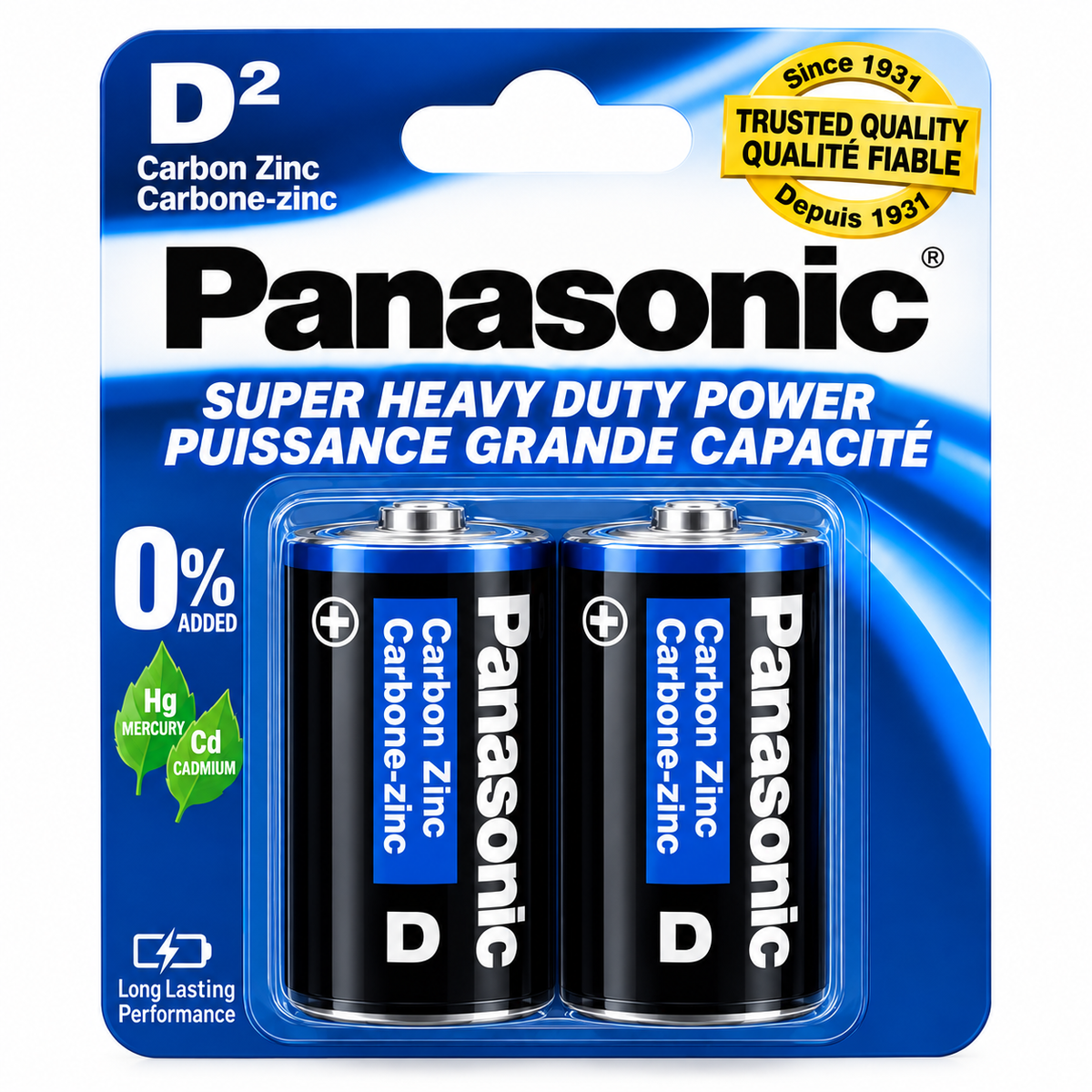 Panasonic D Size Carbon Zinc Batteries, 2 Pack, 1.5V Super Heavy Duty Power