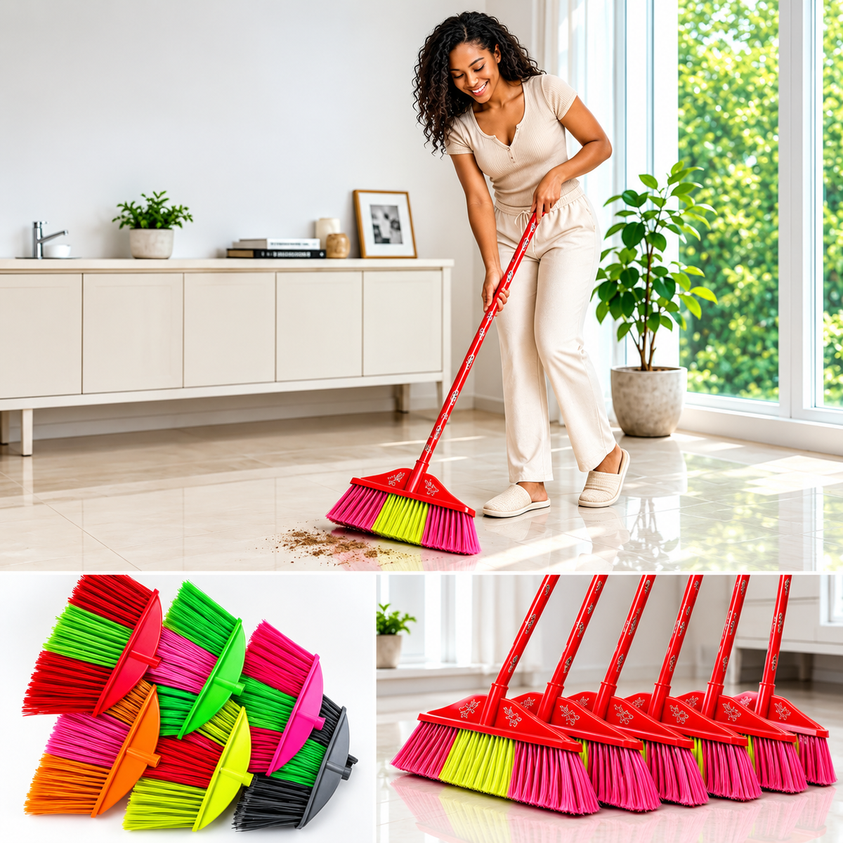 Household Broom with Long Handle, Hard Plastic Bristles, Mixed Color