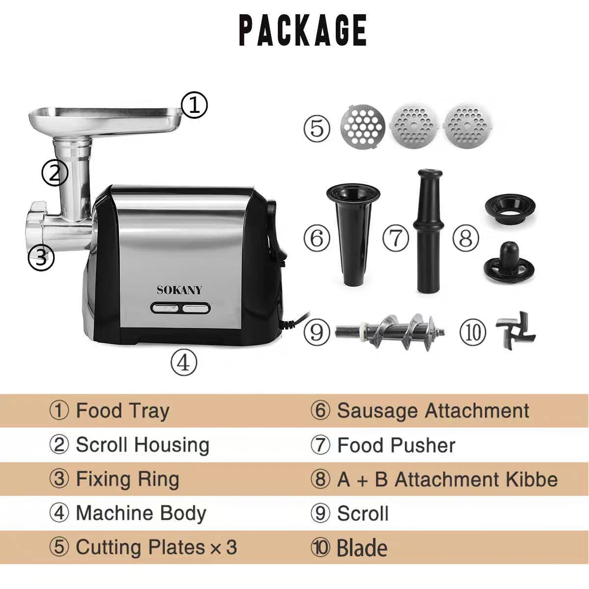 SOKANY Electric Meat Grinder, 3200W, 110V Stainless Steel Mincer for Home Sausage & Dumpling Filling