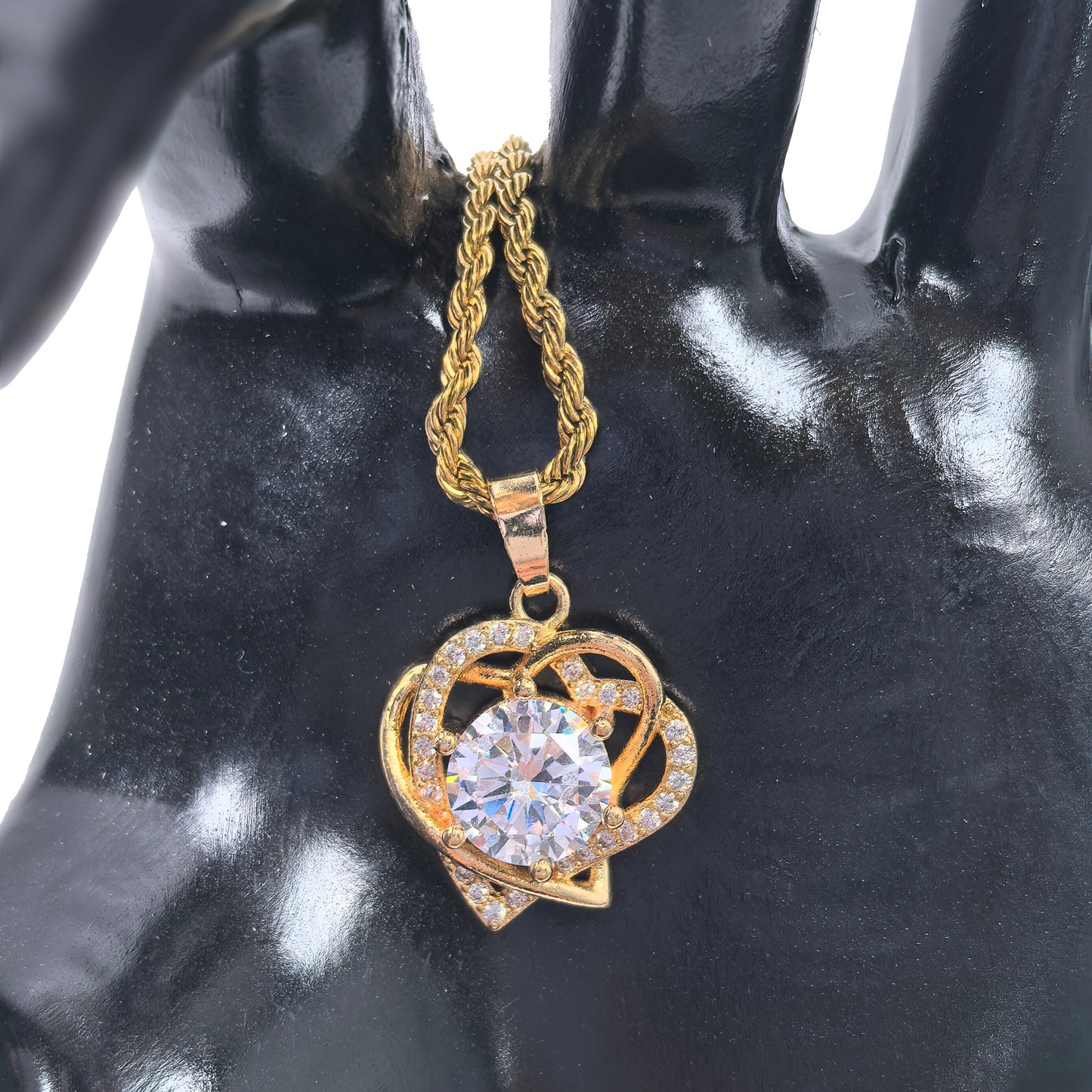 Romantic Shiny Zircon Double Love Heart Gold Plated Necklace