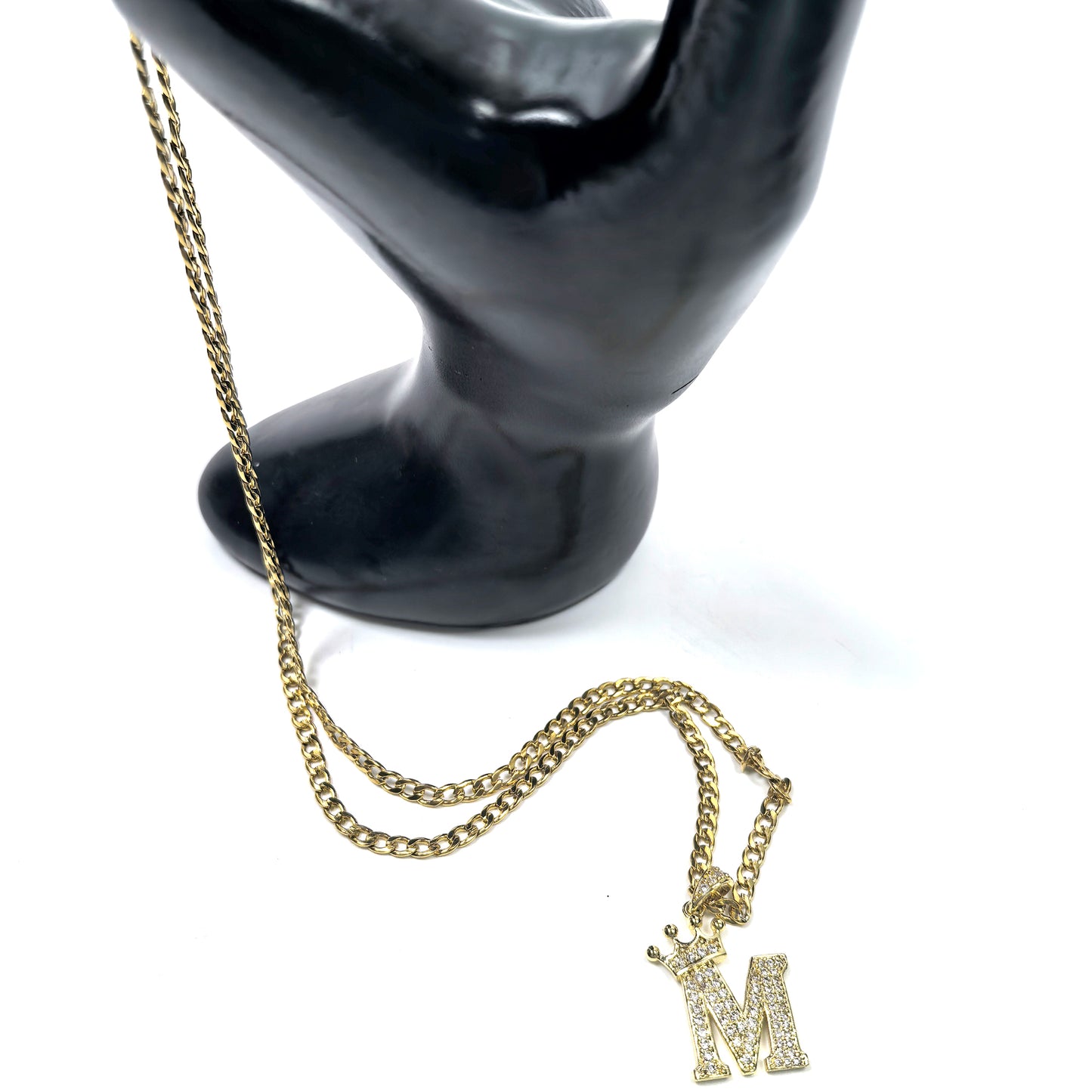 Gold Plated Monogram M Crown Pendant Necklace with Cubic Zirconia