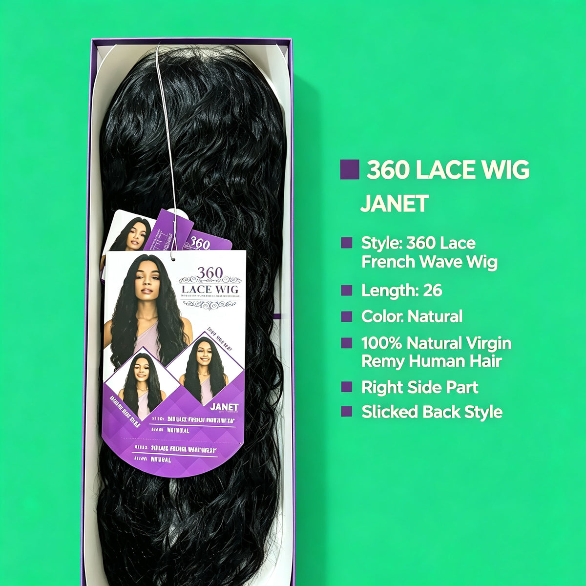 Janet Collection 360 Lace French Wave Wig 26 Inch, 100% Natural Virgin Remy Human Hair, Natural Color Right Side Part Lace Wig