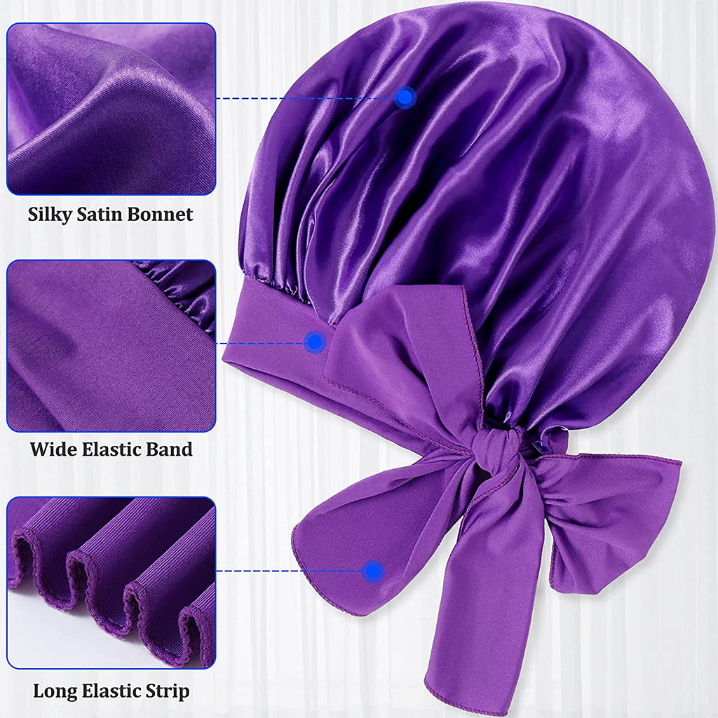 3-Piece Large Satin Bonnet with Tie Band (leather pink, purple, black)