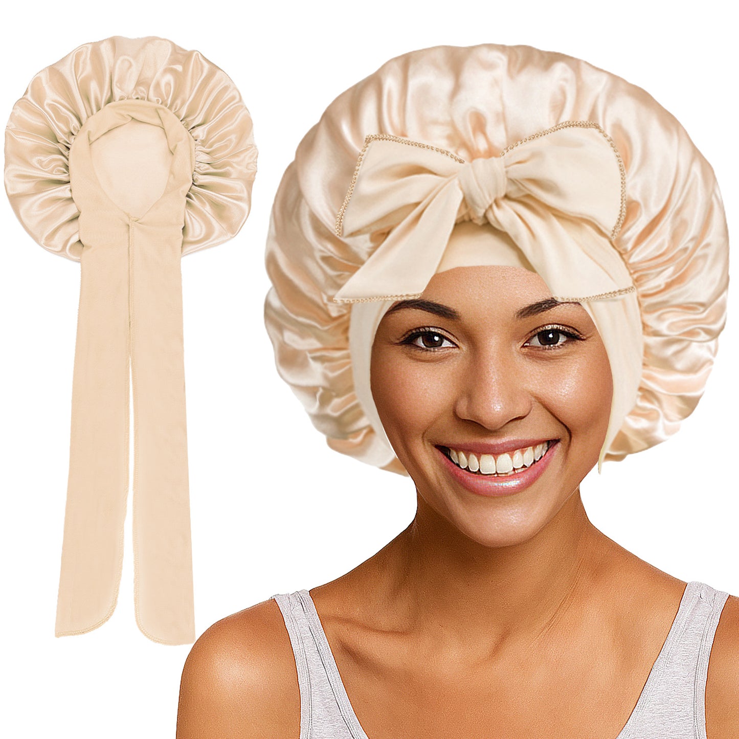 3-Piece Satin Bonnet with Tie Band (leather pink, champagne, black)