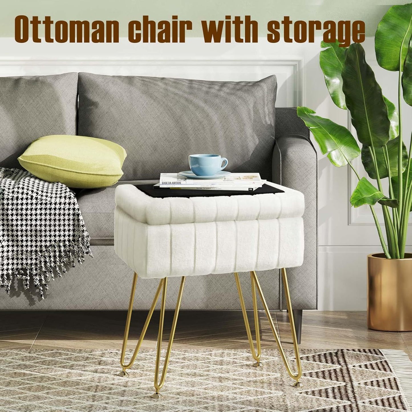 Vanity Stool Chair Faux Fur with Storage, White
