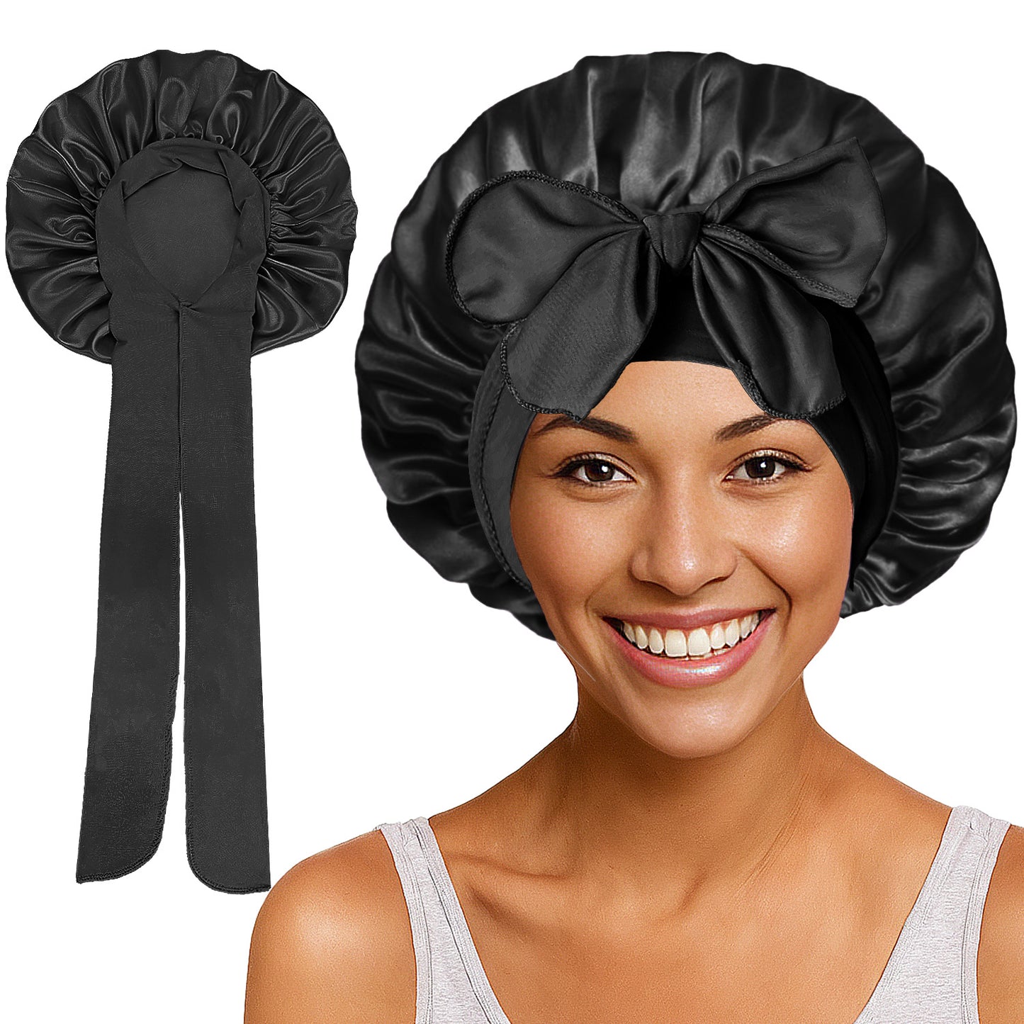 3-Piece Satin Bonnet with Tie Band (leather pink, champagne, black)