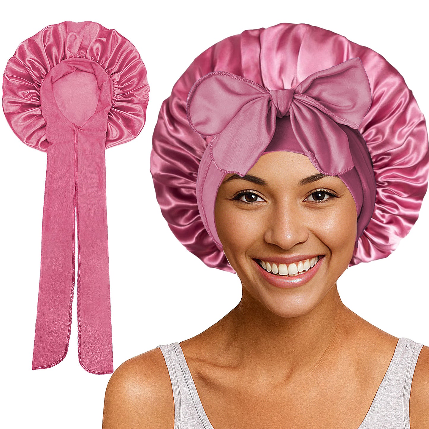 3-Piece Satin Bonnet with Tie Band (leather pink, champagne, black)