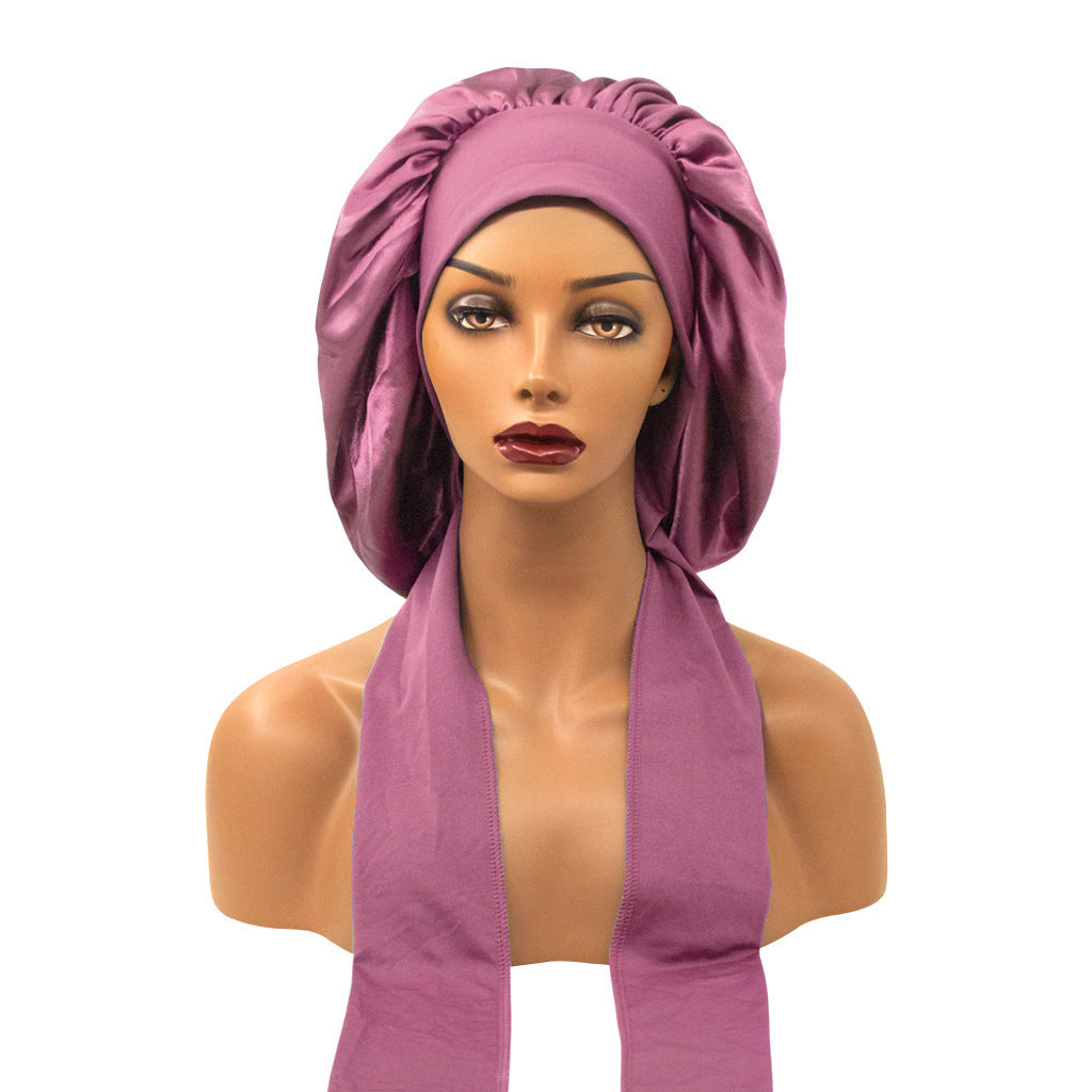 3-Piece Large Satin Bonnet with Tie Band (leather pink, purple, black)