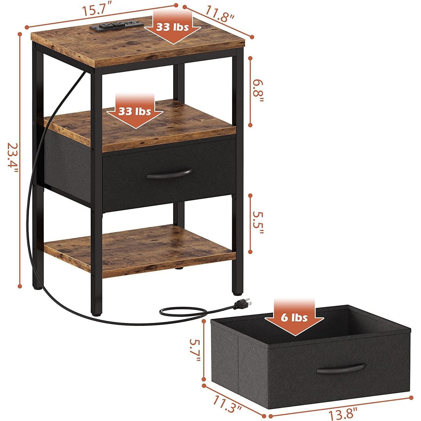1 Drawers Nightstand with Charging Station