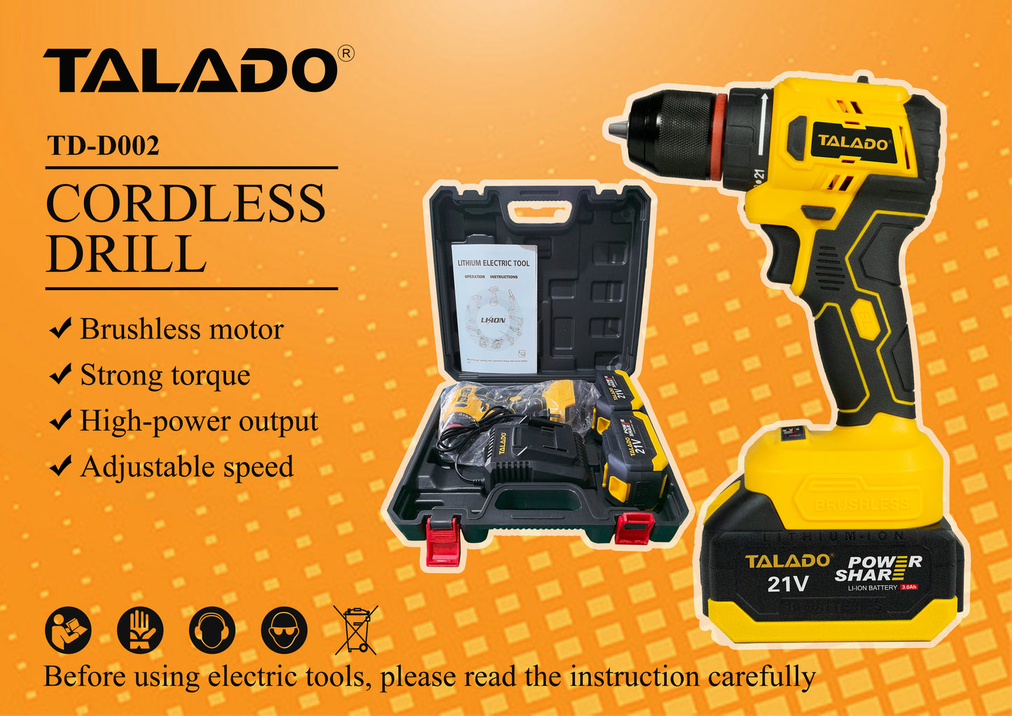 21V Cordless Drill, Electric Power Drill Set with Charger & 2 Batteries