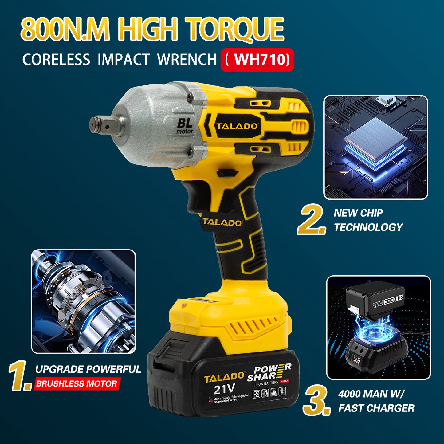 Cordless 1/2 inch Impact Wrench 590Ft-lbs (800N.m) Brushless Motor with 2 4.0 Ah Batteries