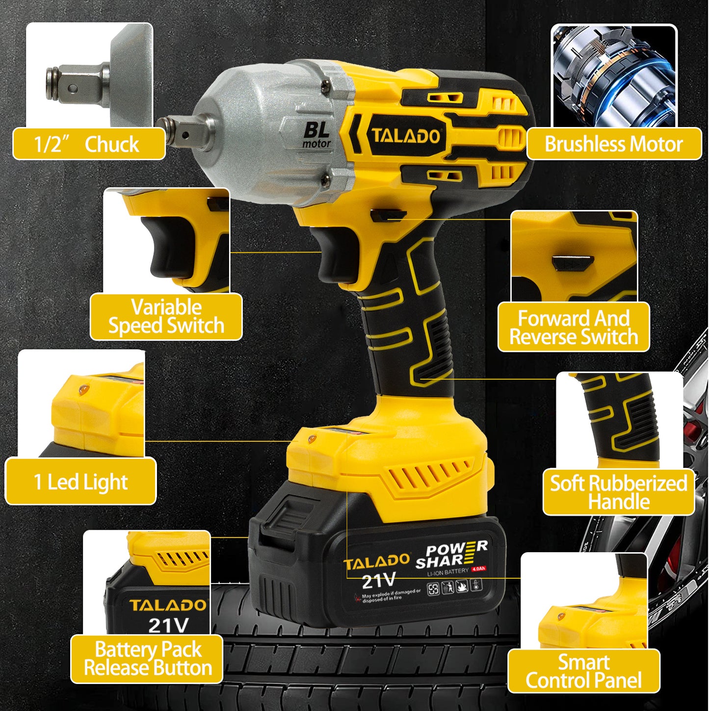 Cordless 1/2 inch Impact Wrench 590Ft-lbs (800N.m) Brushless Motor with 2 4.0 Ah Batteries