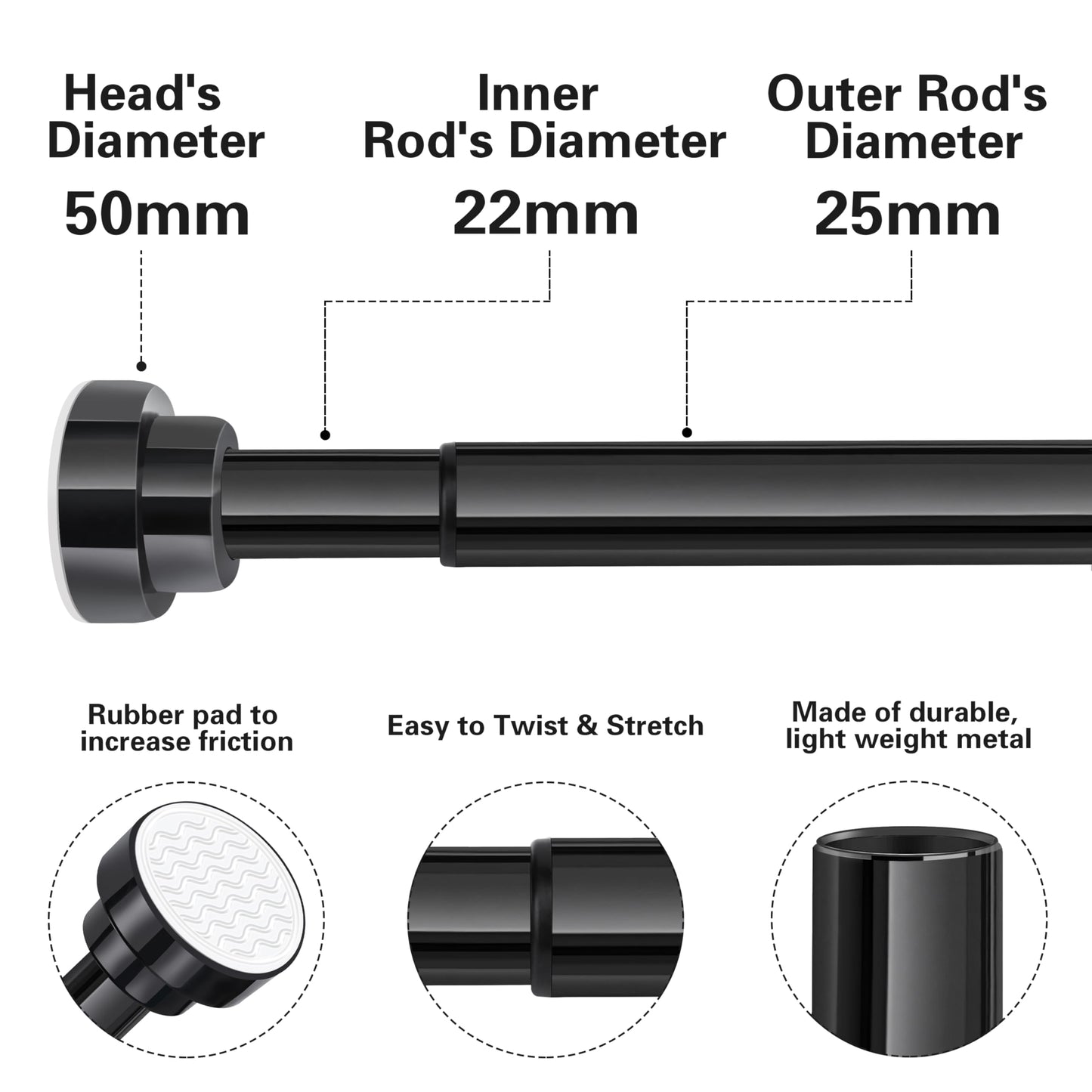 Stainless Steel Extendable Shower Curtain Rod (27-76 inch) No Drilling Installation (2 Color Option: Black/Silver)