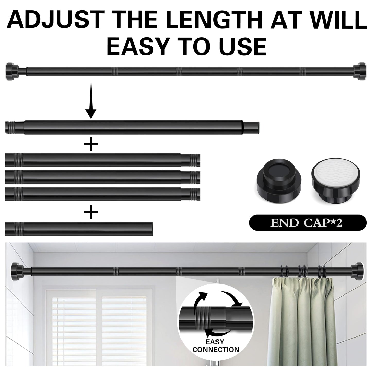 Stainless Steel Extendable Shower Curtain Rod (27-76 inch) No Drilling Installation (2 Color Option: Black/Silver)