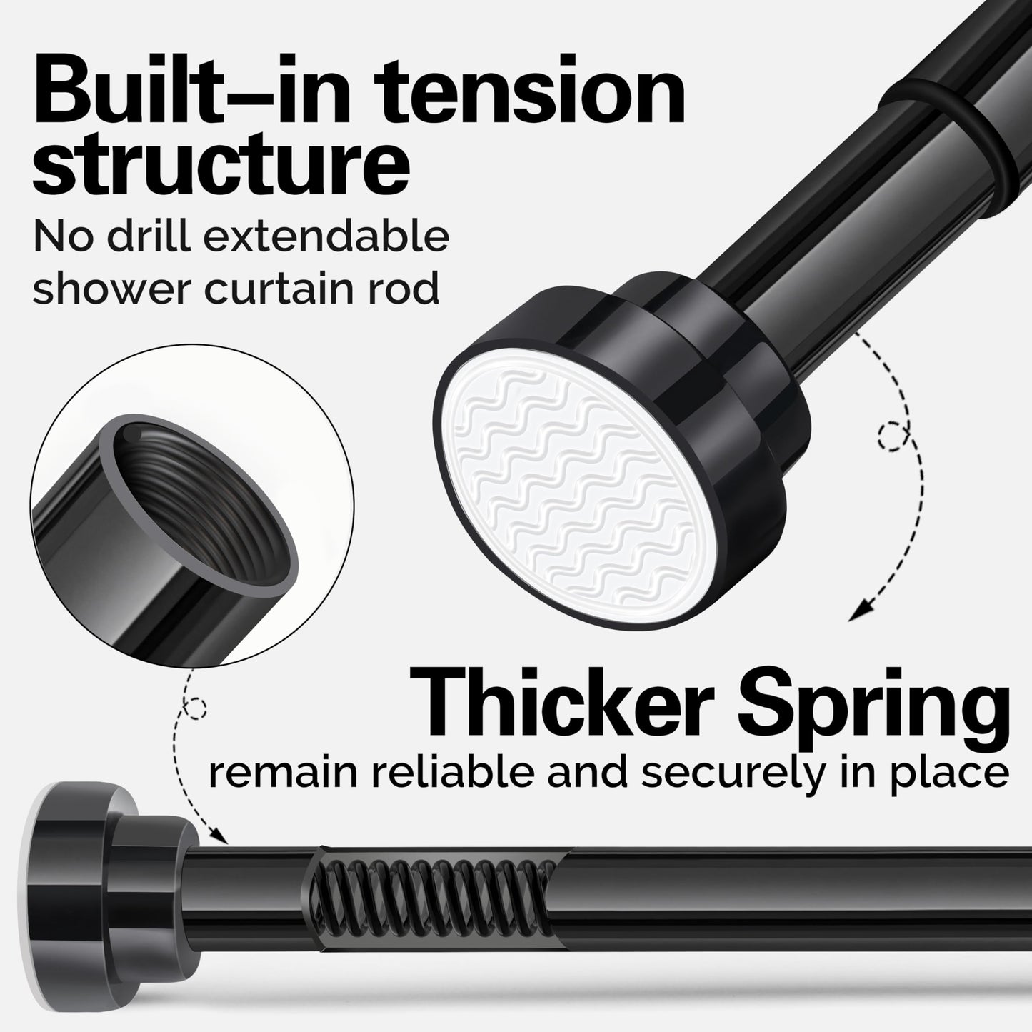 Stainless Steel Extendable Shower Curtain Rod (27-76 inch) No Drilling Installation (2 Color Option: Black/Silver)