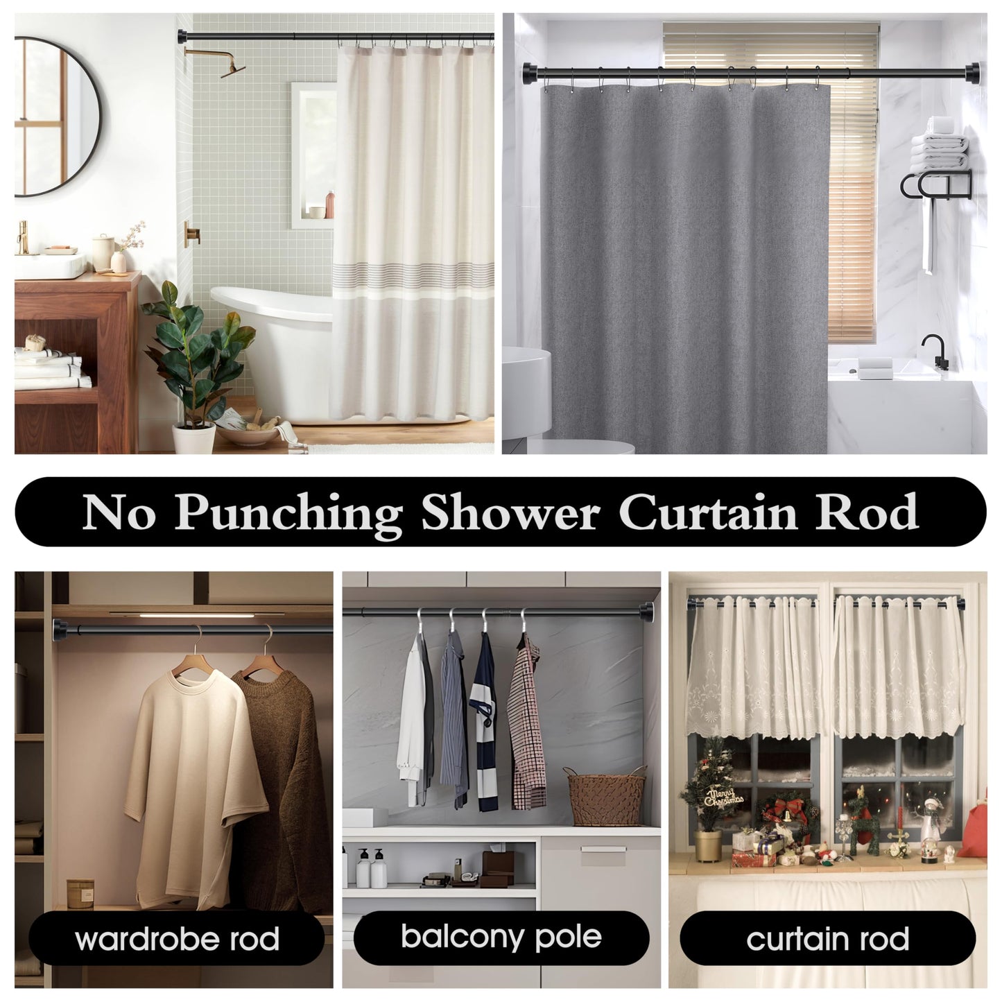 Stainless Steel Extendable Shower Curtain Rod (27-76 inch) No Drilling Installation (2 Color Option: Black/Silver)