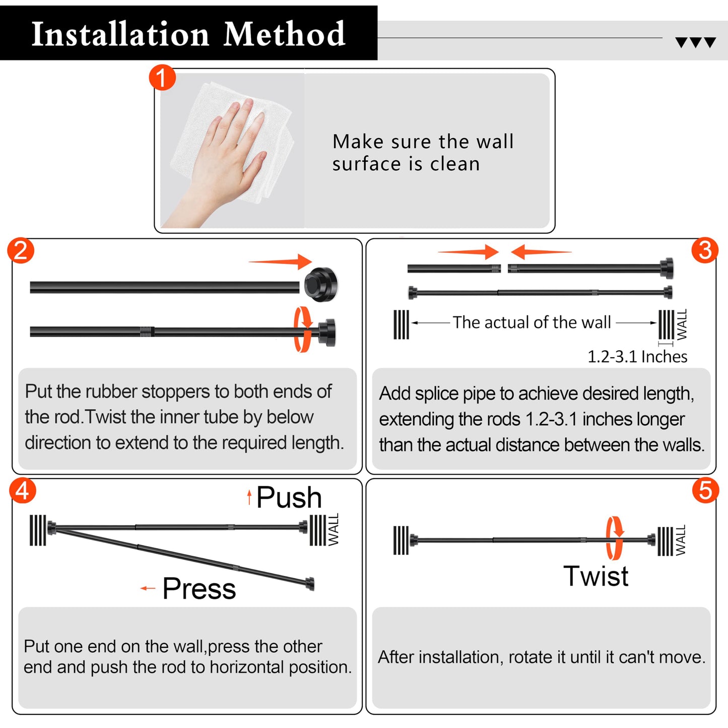 Stainless Steel Extendable Shower Curtain Rod (27-76 inch) No Drilling Installation (2 Color Option: Black/Silver)