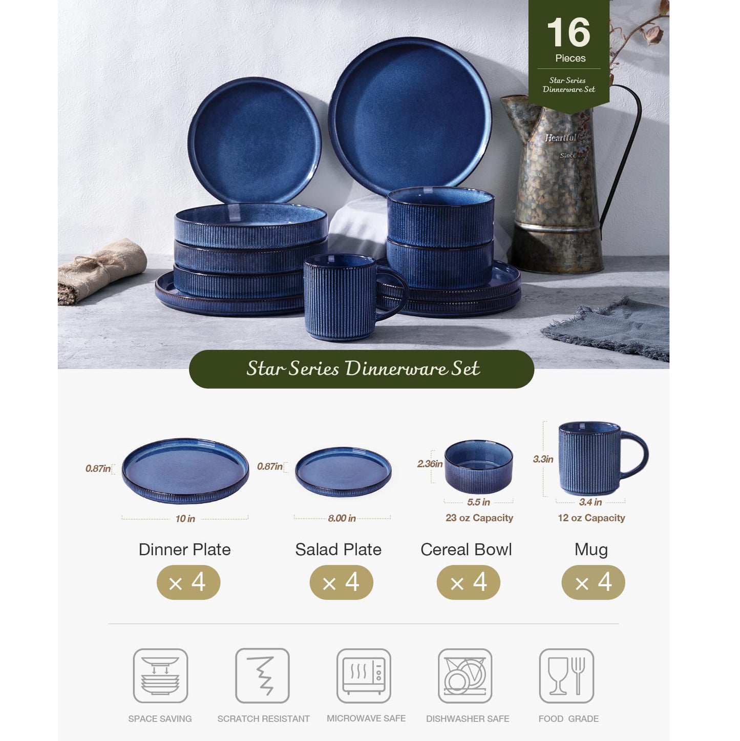 16-Piece Stoneware Dinnerware Set, Service for 4