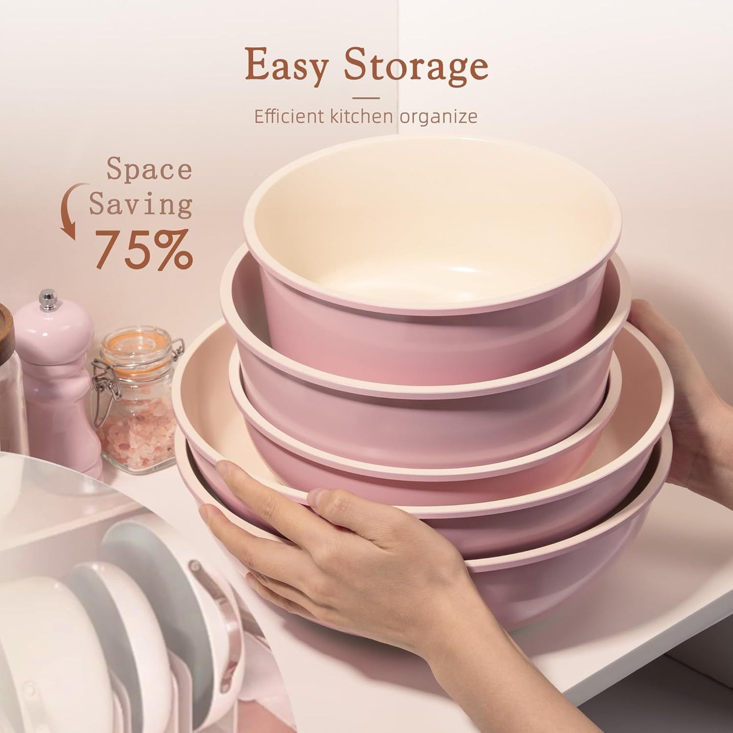 Ceramic Coated Nonstick Cookware Set with Detachable Handle, 17 Pieces Pink