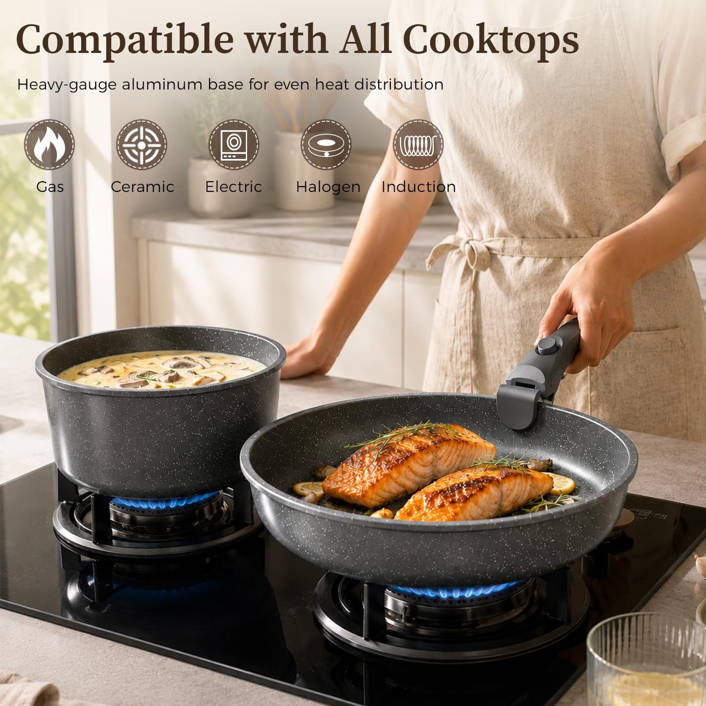 Ceramic Coated Nonstick Cookware Set with Detachable Handle, 17 Pieces,Black